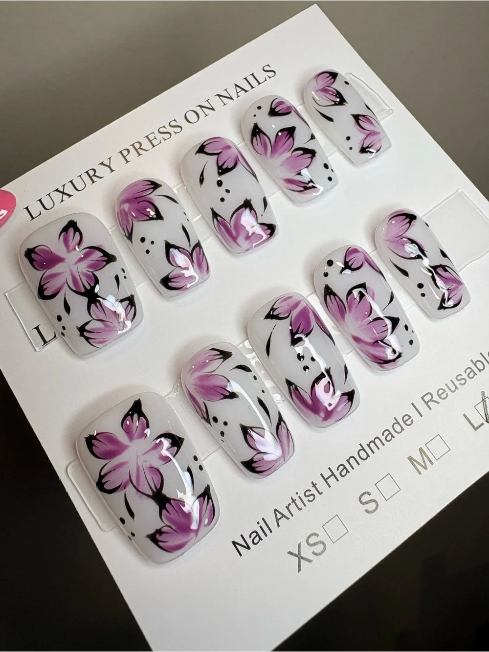 Handmade Press-On Nails with Pink Floral Design